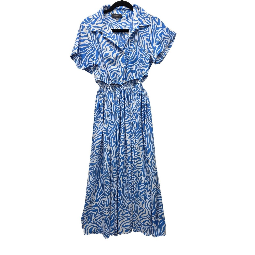 Aakaa Blue White Zebra Print Cutout Midi Dress Collared Women Size M